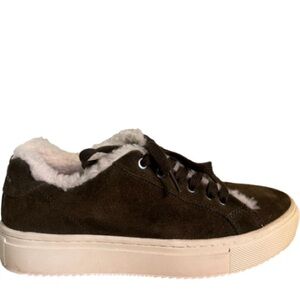Marc Fisher Dakari Lace‎ Up Sneakers Green Leather Suede Faux Fur Lined Size 6